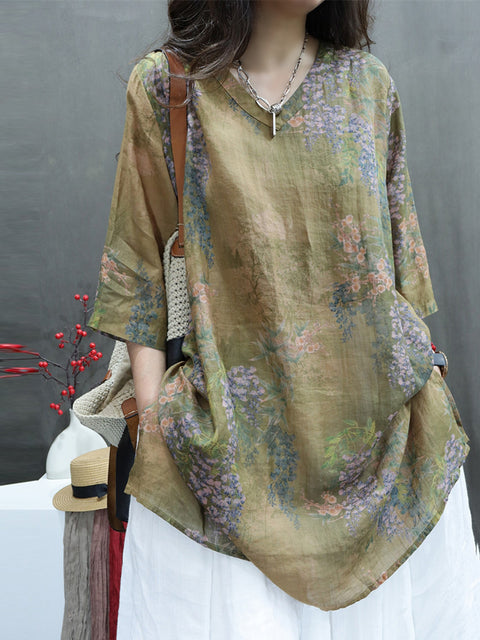 Plus Size Women Summer Vintage Flower V-Neck Ramie Long Shirt