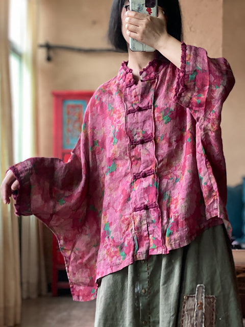 Women Vintage Flower Button-Up Raw Edge Linen Shirt