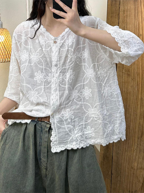 Women Summer Vintage Flower Embroidery Shirt