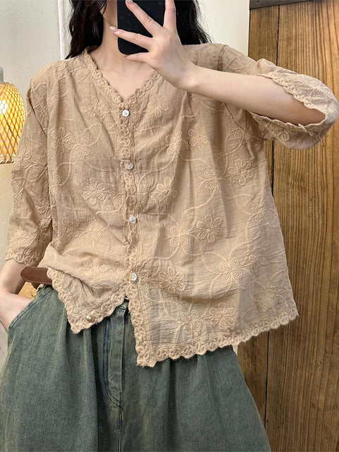 Women Summer Vintage Flower Embroidery Shirt