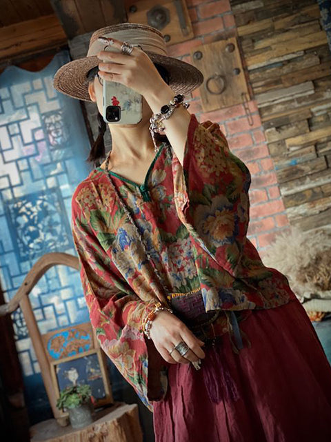 Women Summer Vintage Flower V-Neck Loose Cotton Shirt