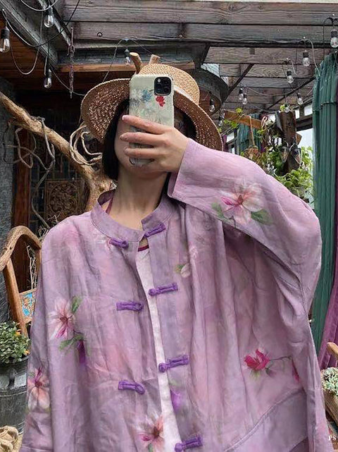 Women Summer Vintage Flower Button-up Ramie Shirt Coat