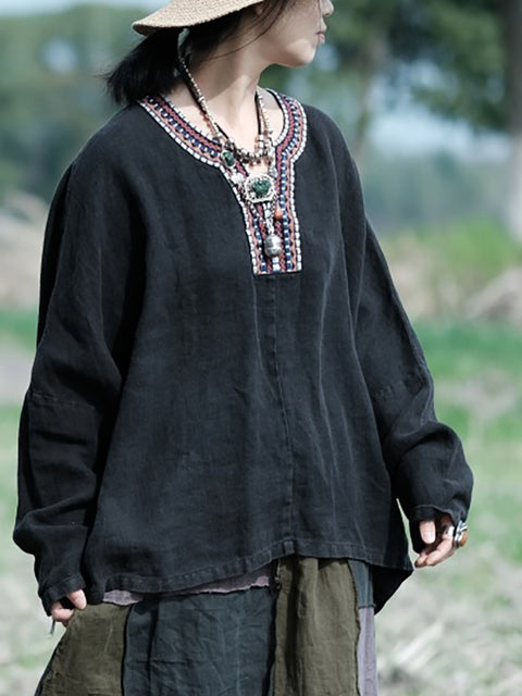 Women Ethnic Autumn Spliced Batwing Sleeve Linen Shirt