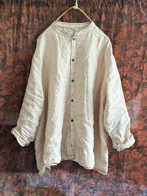 Women Autumn Vintage Button-up Solid Linen Shirt