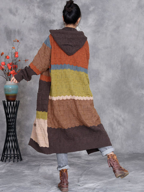 Women Winter Colorblock Knitted Hooded Coat