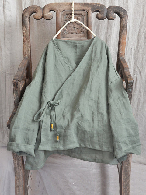 Women Vintage Autumn V-Neck Strap Loose Linen Blouse