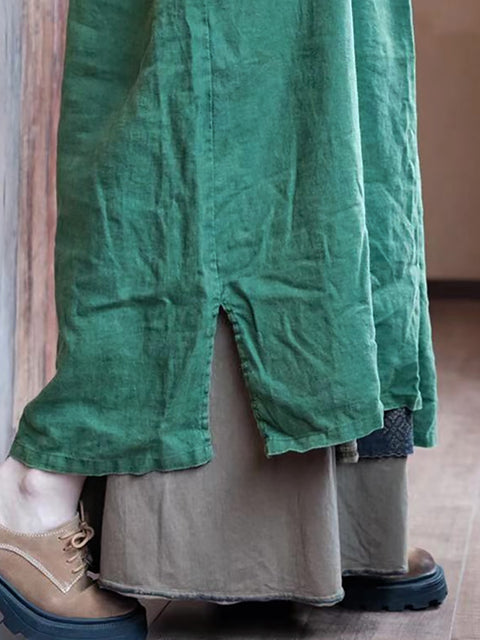 Women Autumn Vintage Green O-Neck Linen Robe Dress