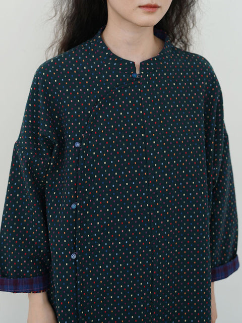 Women Vintage Autumn Dot Irregular Spliced Cotton Robe Dress