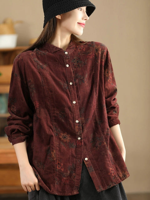 Women Retro Autumn Flower Turn-down Collar Corduroy Shirt