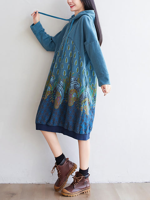 Women Ethnic Autumn Print Hooded Dress