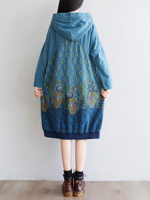 Women Ethnic Autumn Print Hooded Dress