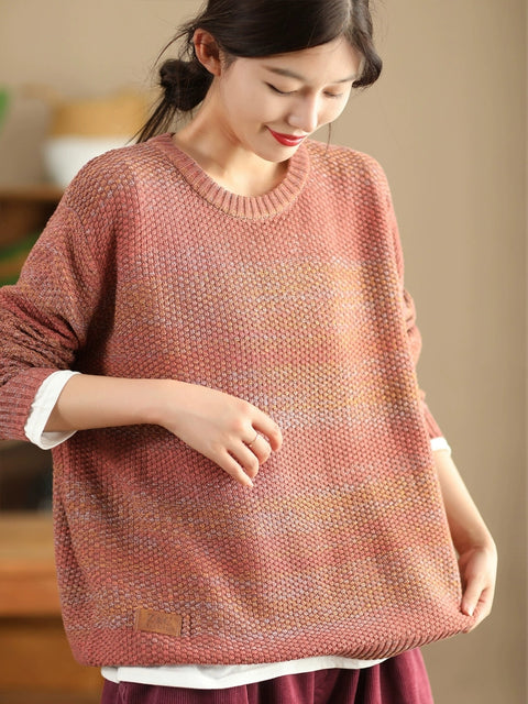 Women Vintage Autumn Solid O-Neck Loose Knit Sweater