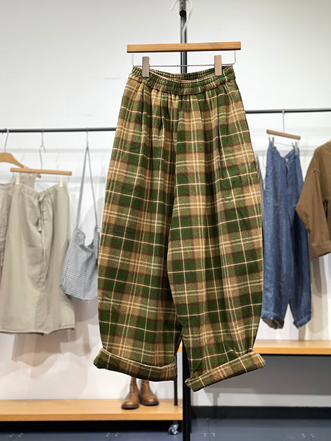 Plus Size Women Autumn Retro Plaid Loose Wide-leg Pants