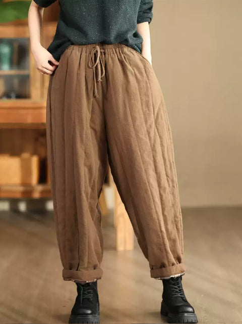 Women Winter Casual Solid Spliced Linen Padded Harem Pants