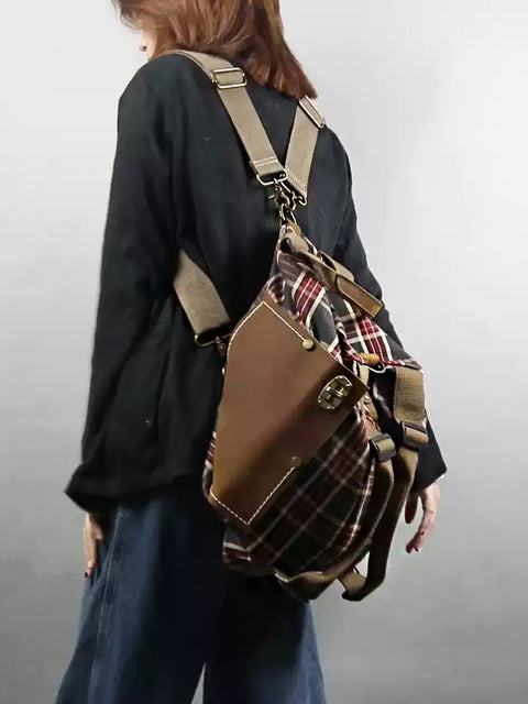 Women Vintage Plaid Leather Crossbody Bag