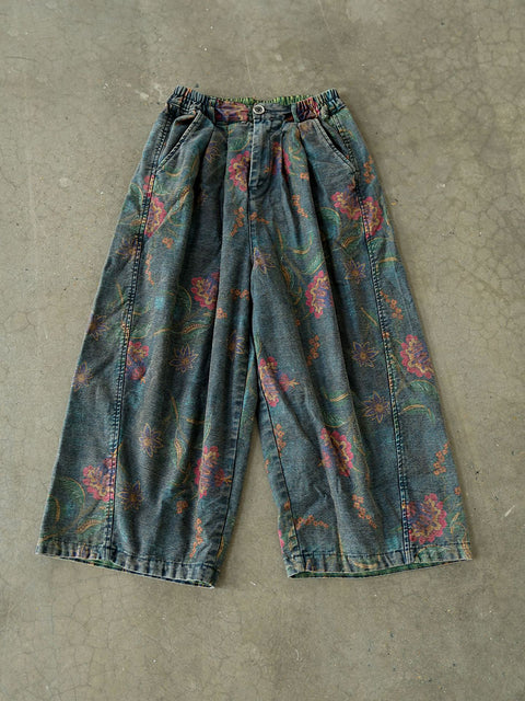 Women Winter Retro Flower Denim Spliced Wide-leg Pants