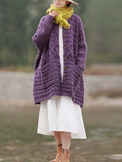 Women Autumn Artsy Solid O-neck Cable Knit Sweater Coat