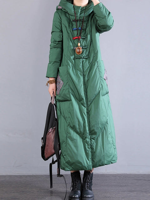 Women Winter Vintage Patch Hooded Long Down Coat