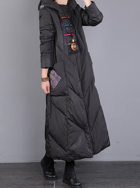 Women Winter Vintage Patch Hooded Long Down Coat