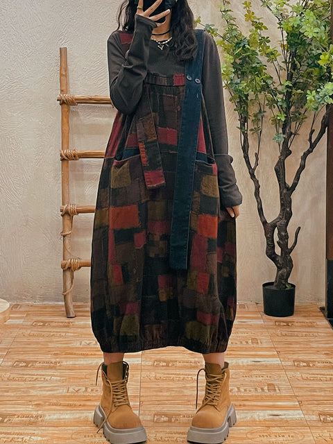 Women Autumn Retro Patch Spliced Overall Dress