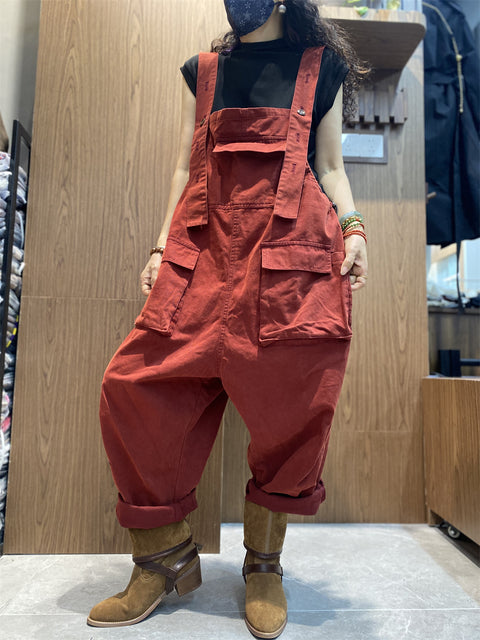 Women Vintage Solid Loose Cotton Jumpsuits