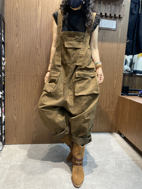 Women Vintage Solid Loose Cotton Jumpsuits