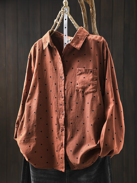 Women Vintage Autumn Dot 100%Cotton Shirt