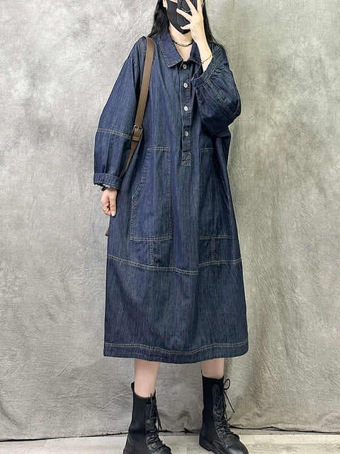 Women Autumn Retro Solid Turn-down Collar Denim Dress