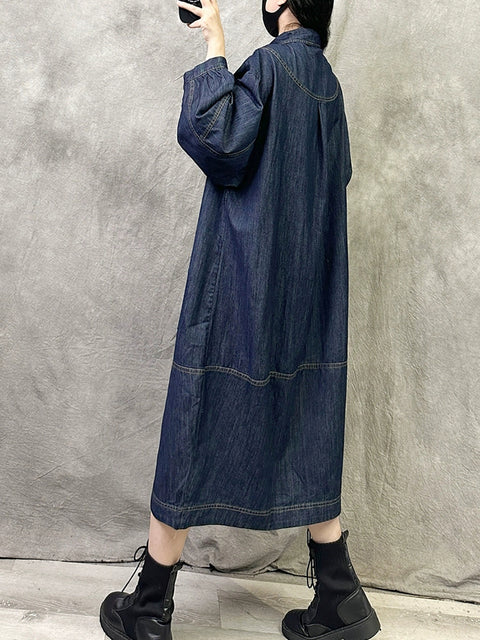 Women Autumn Retro Solid Turn-down Collar Denim Dress