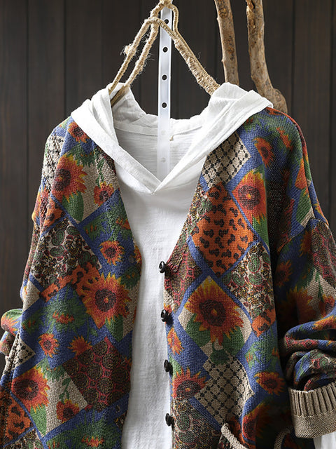 Women Autumn Vintage Flower Knit V-Neck Sweater