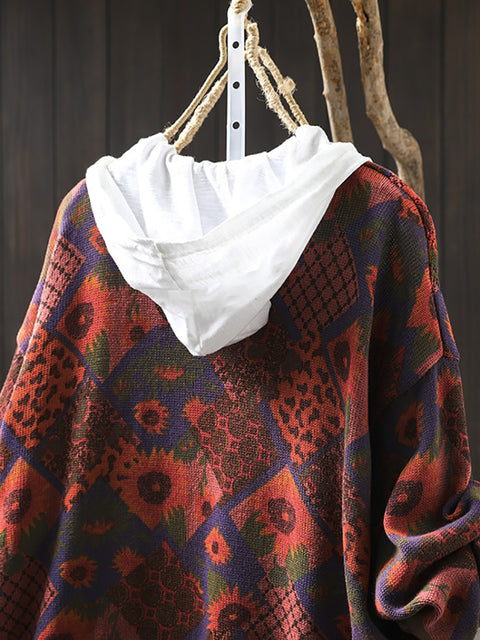 Women Autumn Vintage Flower Knit V-Neck Sweater