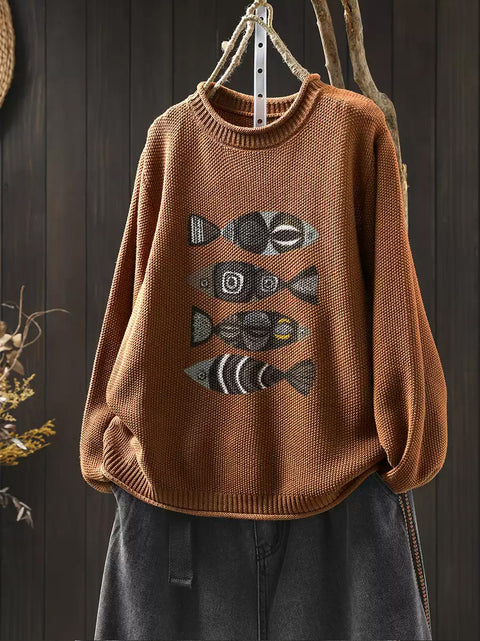 Women Autumn Artsy Fish Print O-Neck Sweater