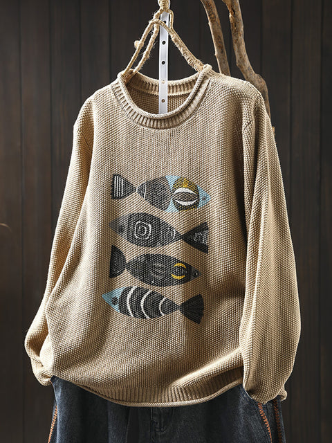 Women Autumn Artsy Fish Print O-Neck Sweater