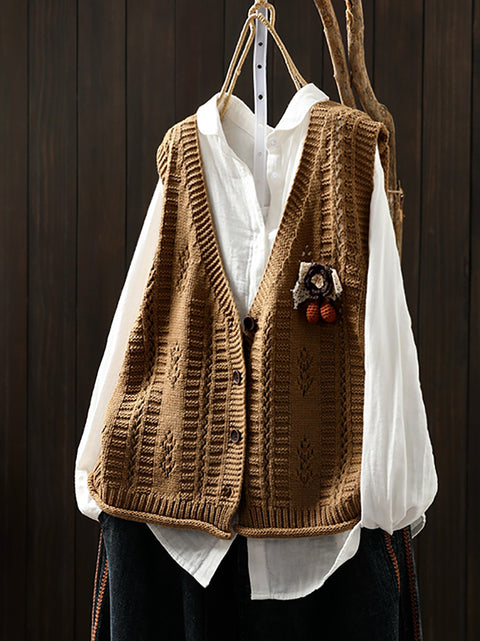 Women Casual Autumn Cotton V-Neck Cable Knit Vest