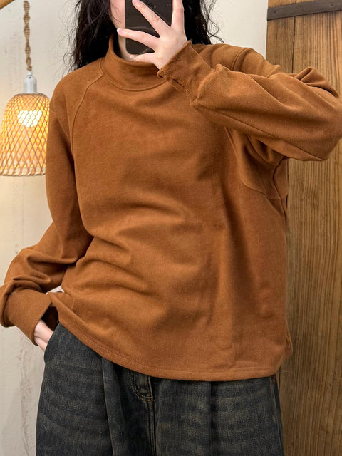 Women Winter Retro Solid Stand Collar Cotton Sweatshirt