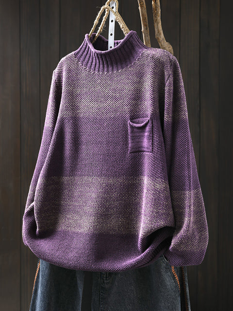 Women Autumn Casual Colorblcok Half-Turtleneck Sweater