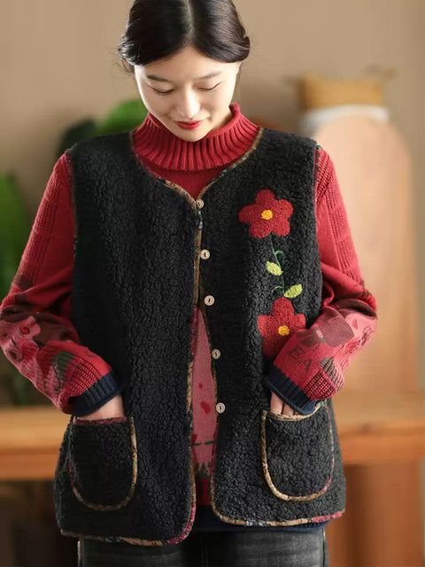 Women Winter Flower O-Neck Fleece Vest