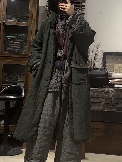 Women Vintage Pure Color Linen Padded Long Coat