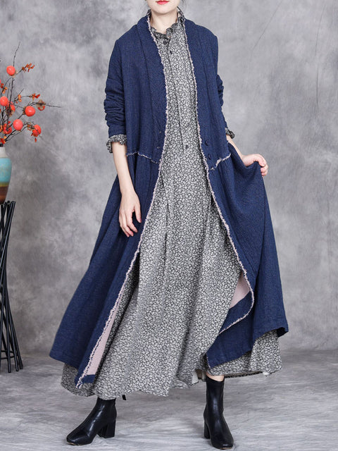 Women Autumn Ethnic Solid Linen Raw-edge Long Coat