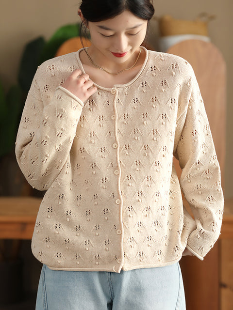 Women Autumn Perforated Knit O-Neck Cotton Sweater