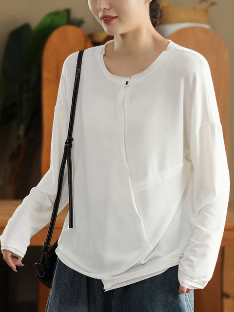 Women Casual Spring O-Neck Spliced Shirt