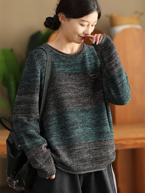 Women Autumn Colorblock O-Neck Cotton Sweater