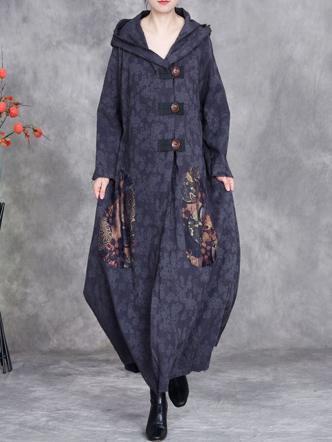 Women Autumn Retro Linen Jacquard Hooded Coat