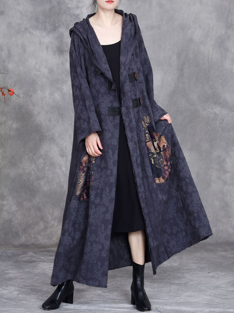 Women Autumn Retro Linen Jacquard Hooded Coat