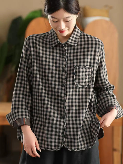 Women Spring 100%Cotton Plaid Turn-down Collar Shirt