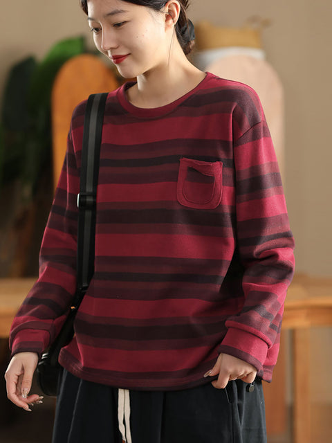 Women Spring Vintage Stripe Cotton Sweatshirt