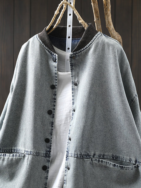 Women Vintage Spring O-Neck Denim Coat