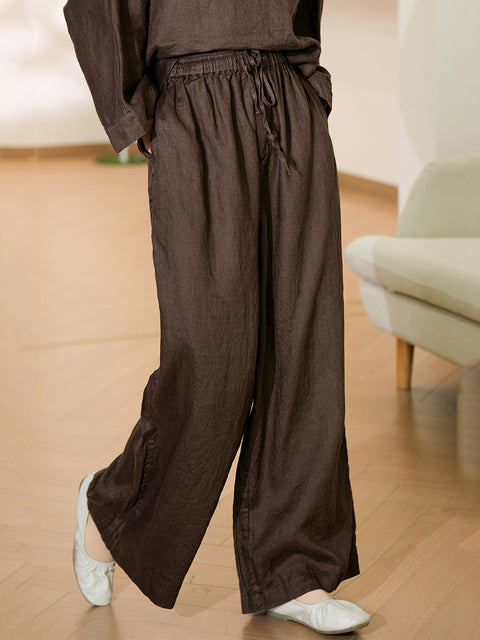 Women Spring Pure Color 100%Linen Wide-leg Pants