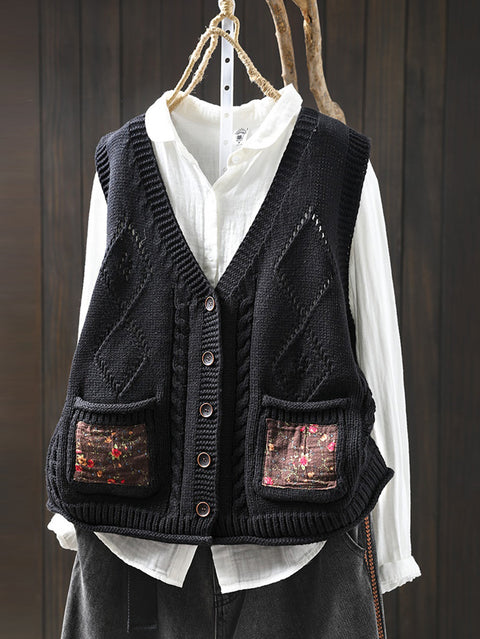 Women Spring Ethnic V-Neck Flower Patch Knit Vest