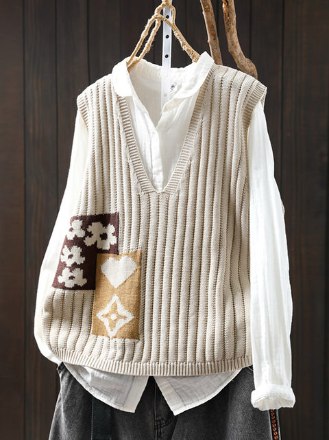 Women Spring Casual Flower Colorblock V-Neck Vest